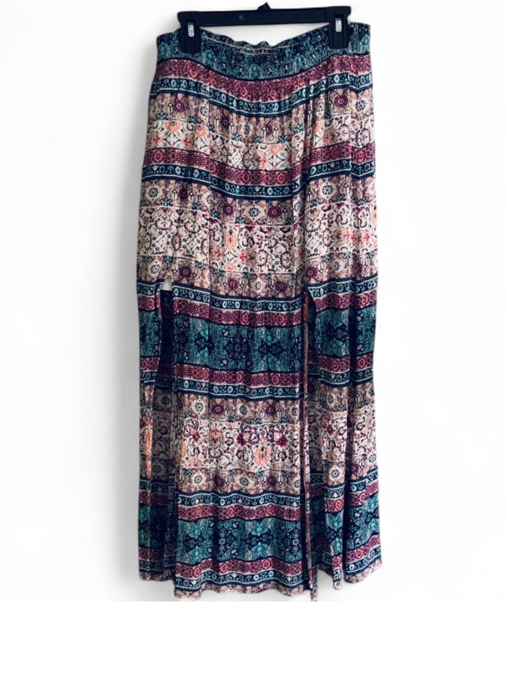 Maurices Boho Maxi Skirt in Teal and Burgundy Print